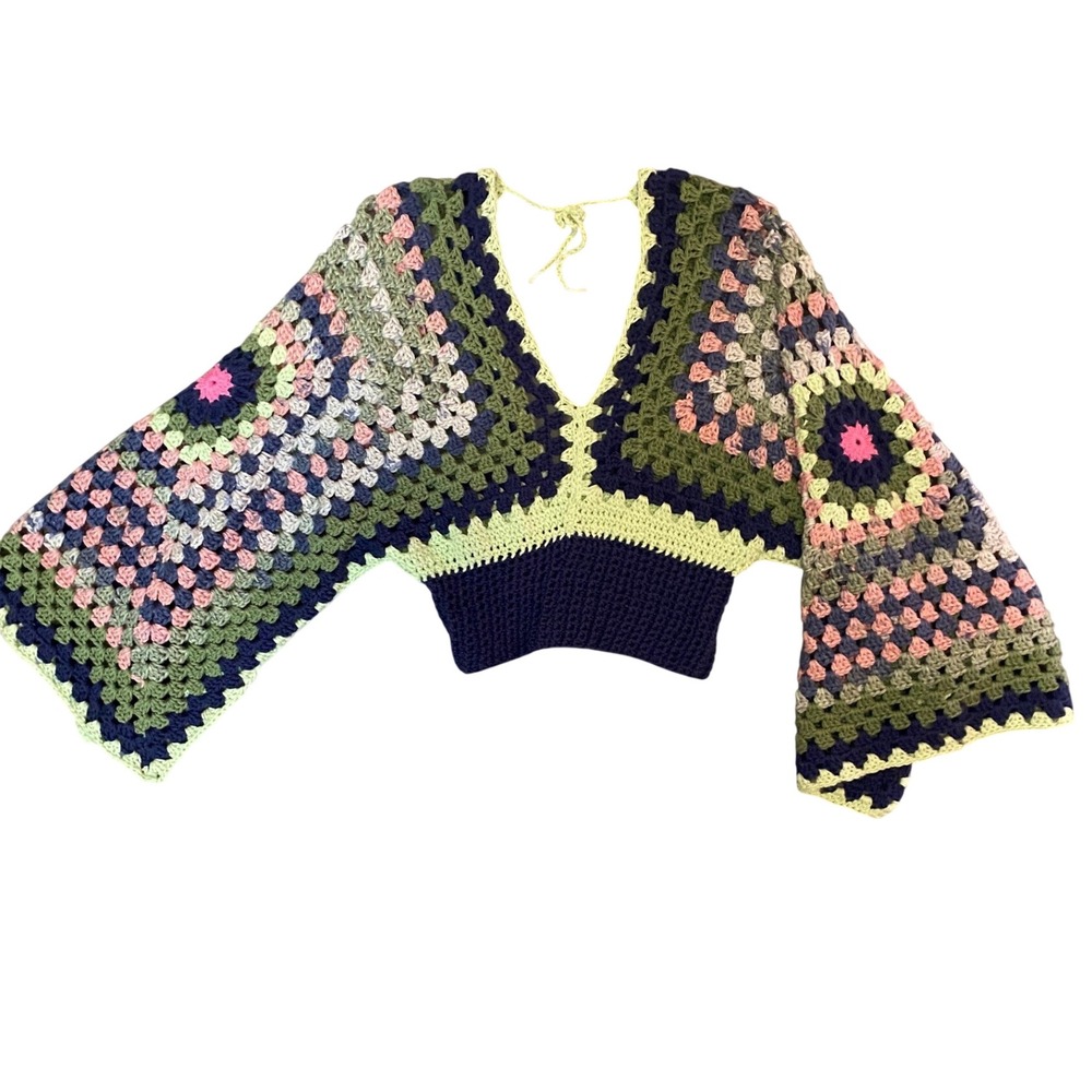 Handmade Crochet Granny Square Crop Top Bell Sleeve Green Navy Pink Boho V-Neck - Picture 2 of 6